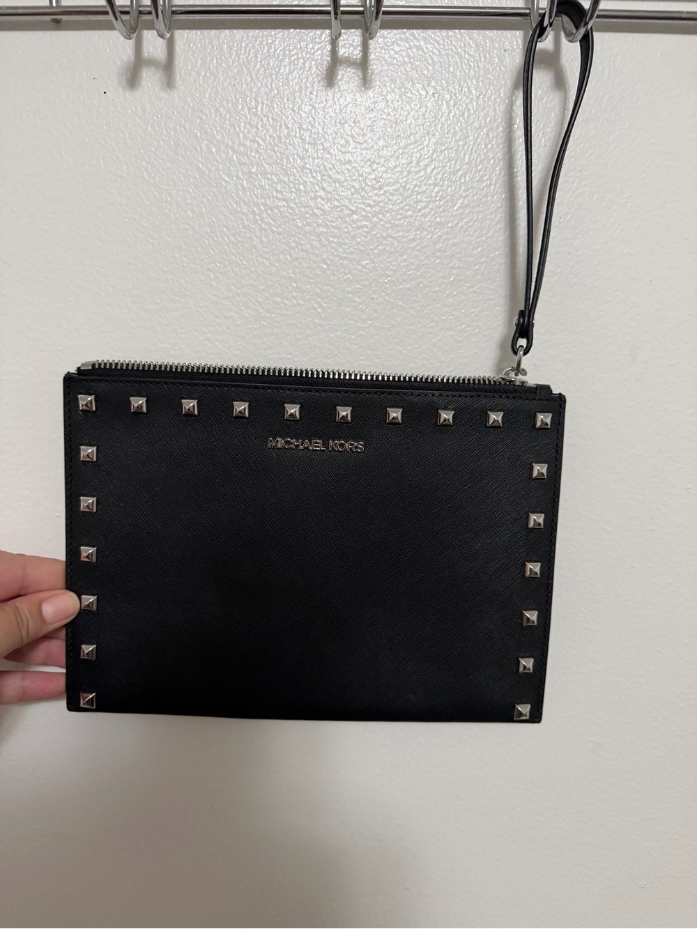 Michael Kors Black Saffiano Studded Wristlet Pouch with Silver Accents